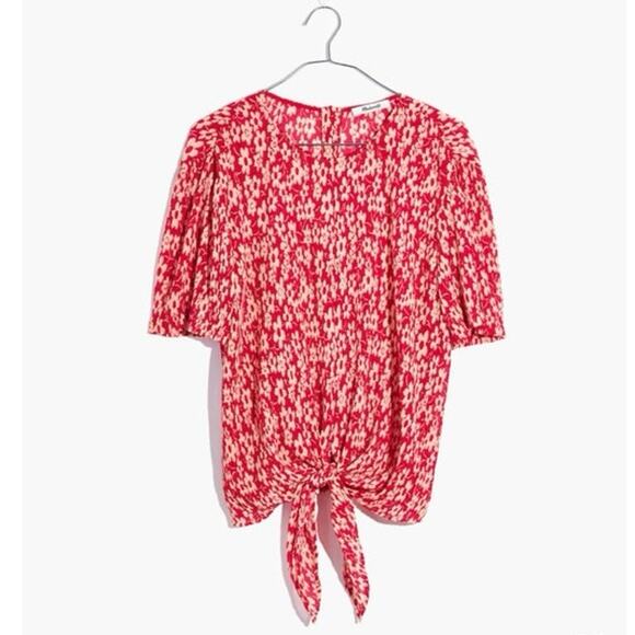 Madewell Crinkled Button Back Tie Tee Full Bloom Retro Floral Cranberry - Size S - Picture 1 of 7